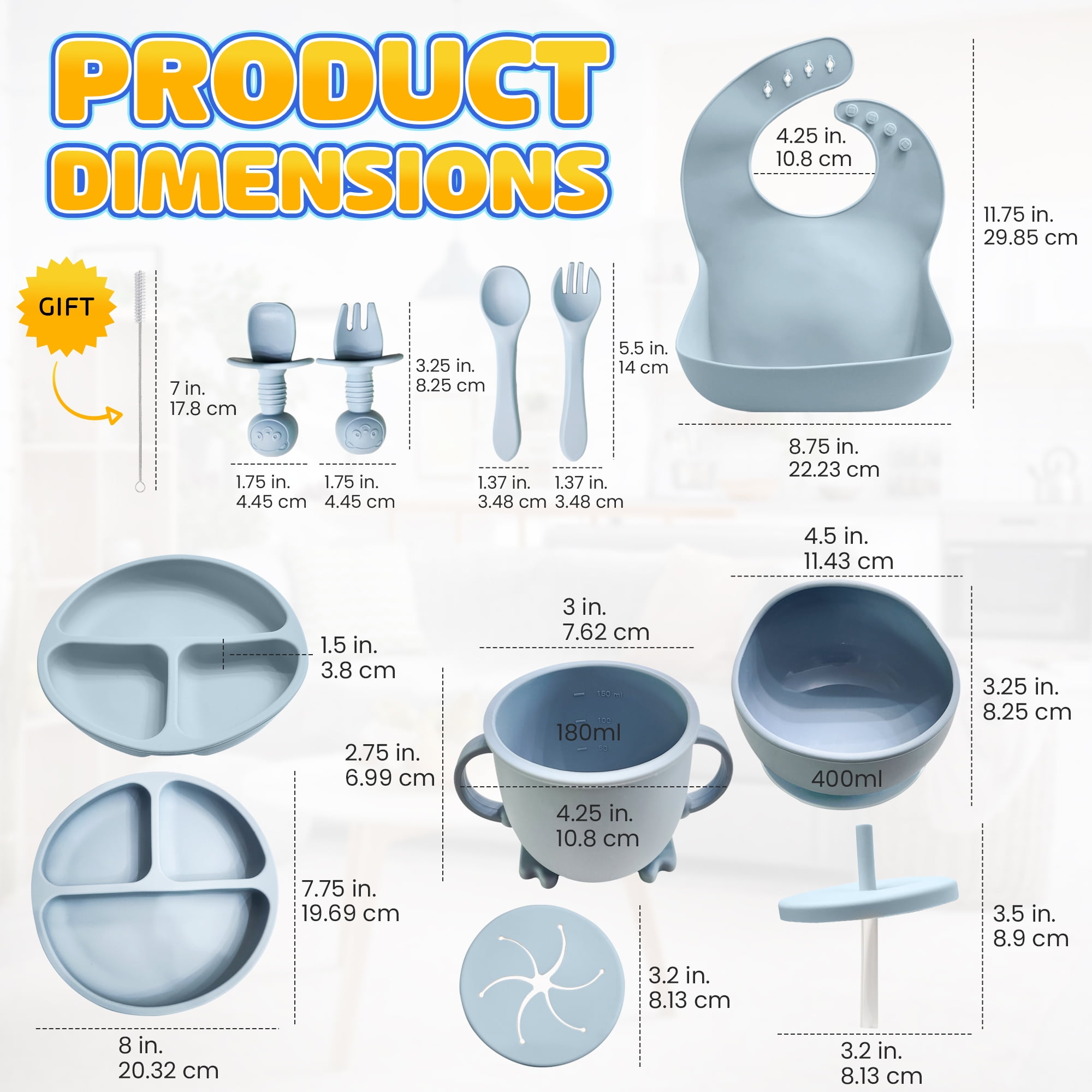 HippoBaby 10 Piece Silicone Baby Feeding Set with Bib, Cup, Divided Plate, Bowl, and Self-Feeding Spoons (Sky)