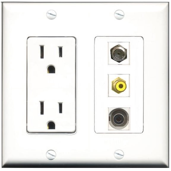 RiteAV - 15 Amp Power Outlet 1 Port RCA Yellow 1 Port Coax 1 Port 3.5mm Decorative Wall Plate