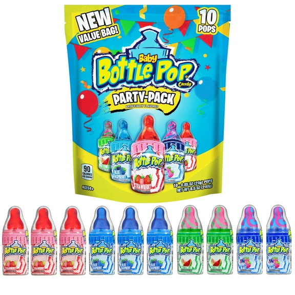Baby Bottle Pop Bulk Variety Party Pack - 10 Count Individually Wrapped Lollipops w/ Powdered Sugar Dip in Assorted Fruity Flavors