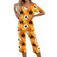 thumbnail image 3 of Women's Halloween Pajama Set Short Sleeve V Neck Top and Cropped Pants Lightweight Breathable Lounge Outfit with Pumpkin Print Casual Sportswear for Daily Wear Orange M, 3 of 6