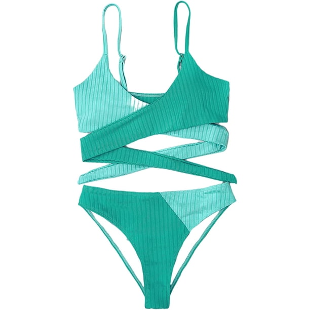 Trajes de baño para mujer con espalda cruzada y lazo en la parte superior del bikini Verde y azul lago CH Verde y azul lago CH Xishao ropa