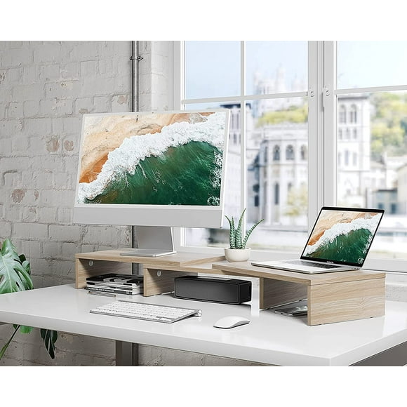 FITUEYES Dual Monitor Stand with Swivel Adjustable Shelf Wood Laptop Desktop Organizer Stand for Home Office and School Use, Oak