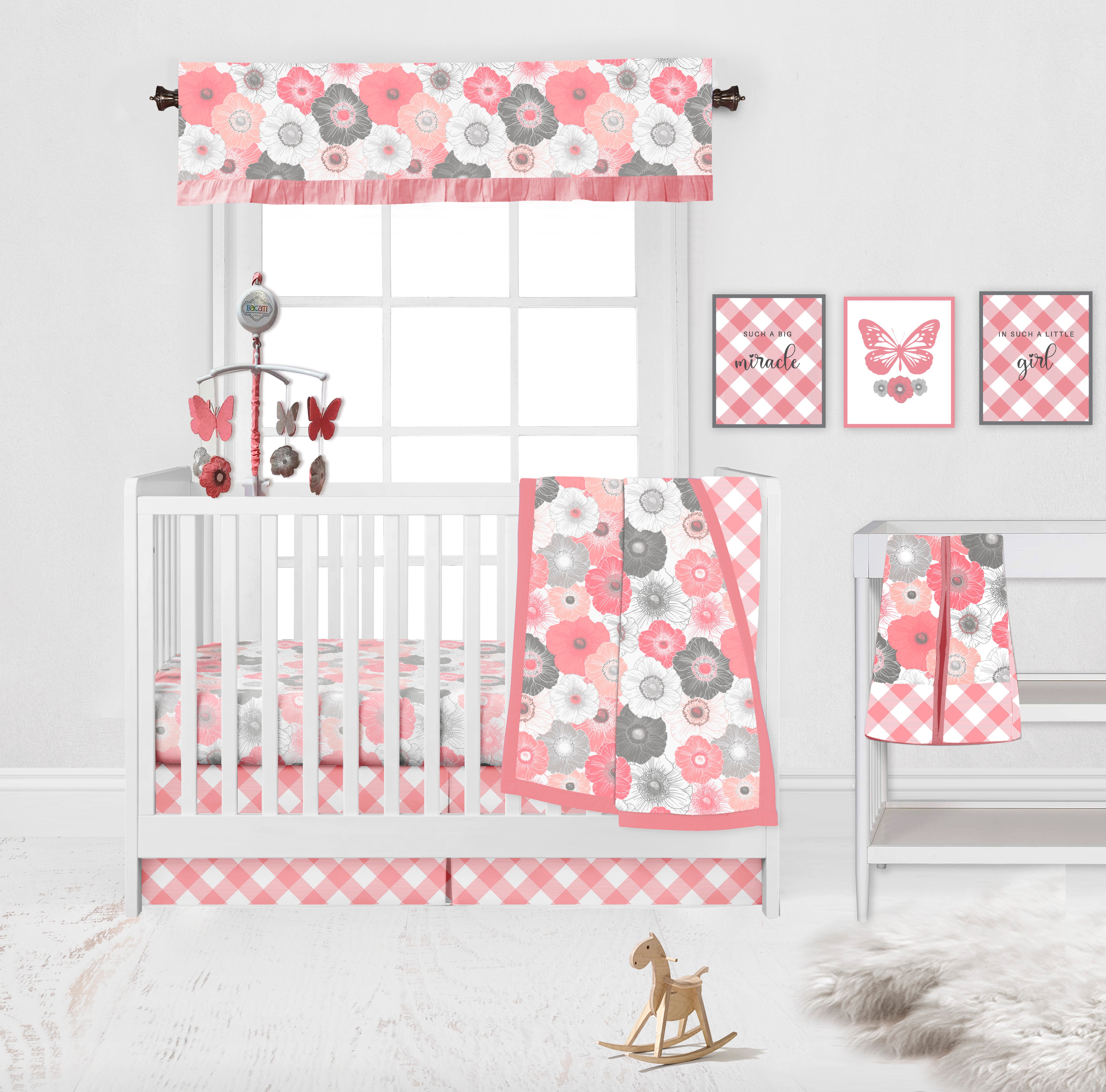 Bacati - Watercolor Flowers Coral Gray Musical Baby Crib Mobile