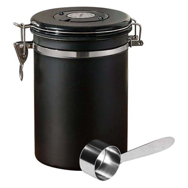 Bote de café hermético de acero inoxidable, contenedor de almacenamiento de grano de café con rastreador de fecha y cuchara para frijoles de café, molidos, té, harina, cereales