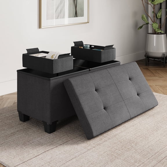 Hearth & Harbor Ottoman Storage Bench, Linen 30" Ottoman with Storage, Gray