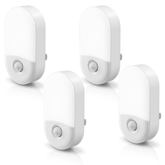 A LED Motion Sensor Night Light - 4 Pack, 3000K Warm White, Adjustable Brightness, Plug-in Night Lights for Bathroom, Kitchen, and Kids' Rooms