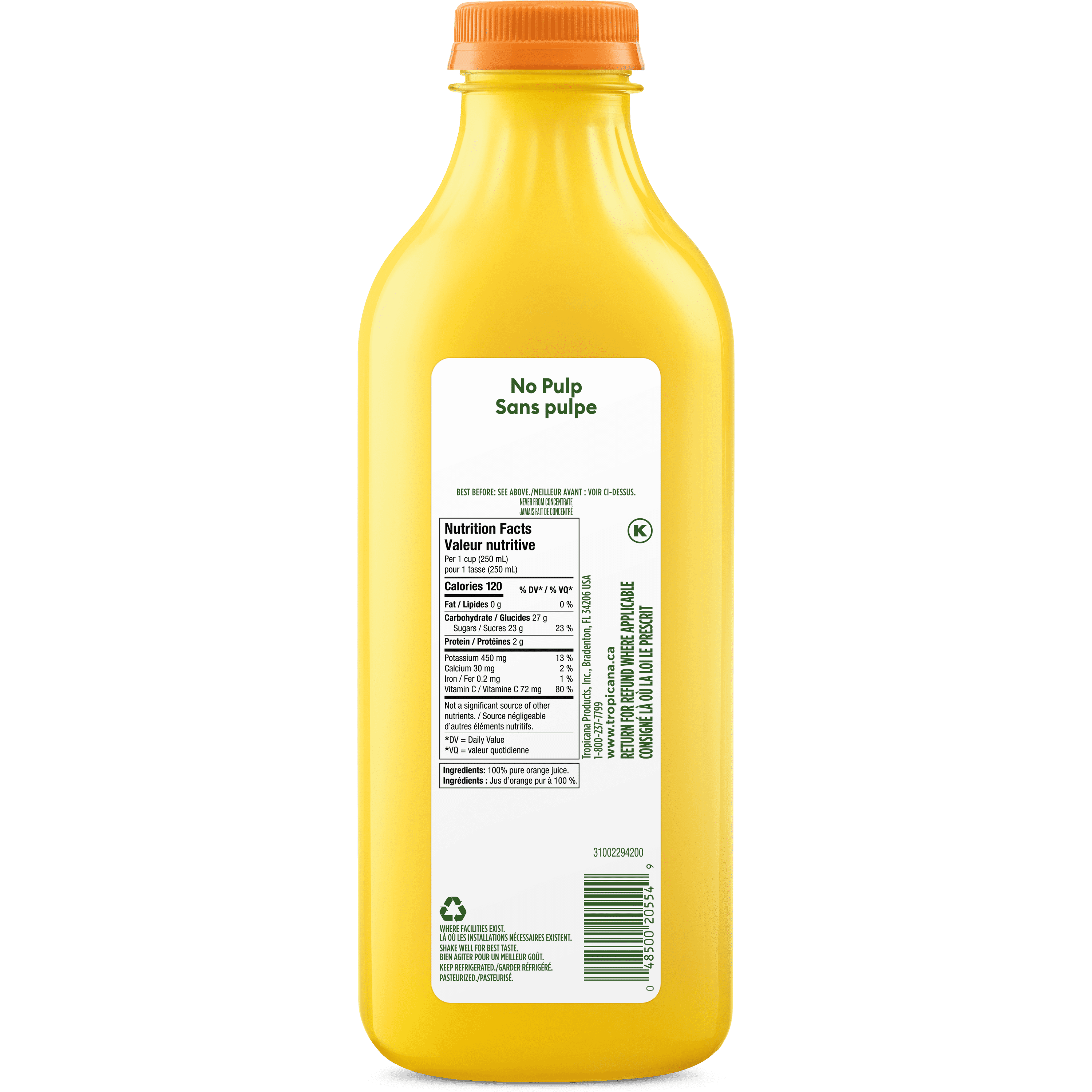 Jus d'orange Tropicana Pur À 100 % Sans Pulpe 1.36L