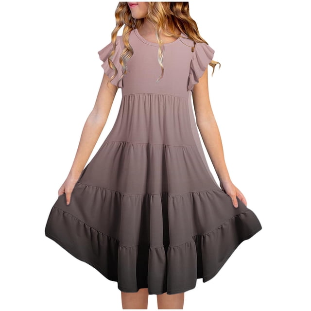 Liquidation d'Économies d'Été! WRKEKC Robes pour Petite Fille, Robe d'Été Décontractée pour Filles, Robe d'Été à Manches Courtes pour Filles avec Poches à Volants, Col Rond, Imprimée, 14 Ans