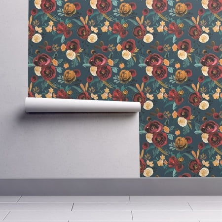 Wallpaper Roll Rose Red Fall Autumn Floral Flower Gold 24in x