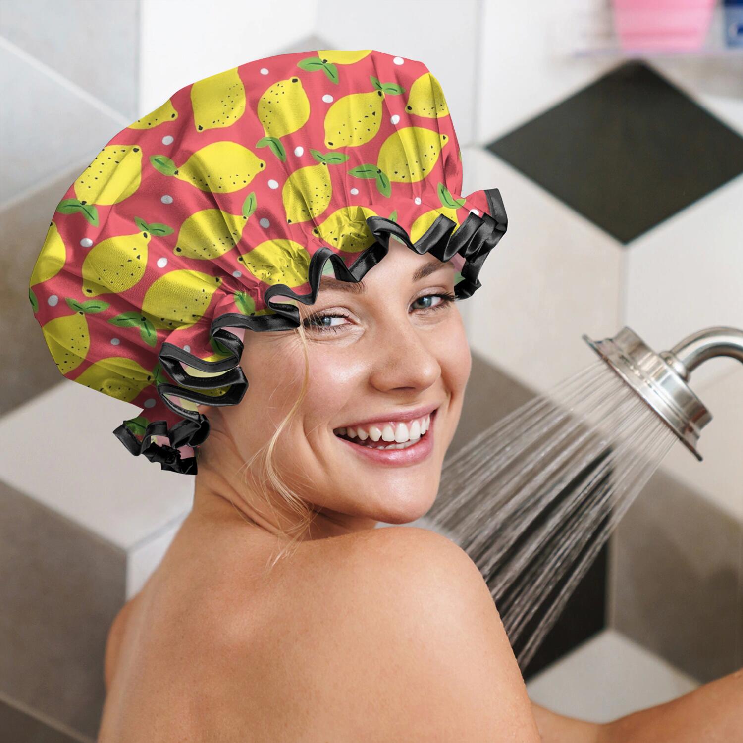 Shower Caps,Yellow Lemon Fruit Dots Red Pattern Waterproof Shower Cap for Women 4 Pieces,Double Reusable Hair Cover for Shower PEVA Elastic Stretch Hem