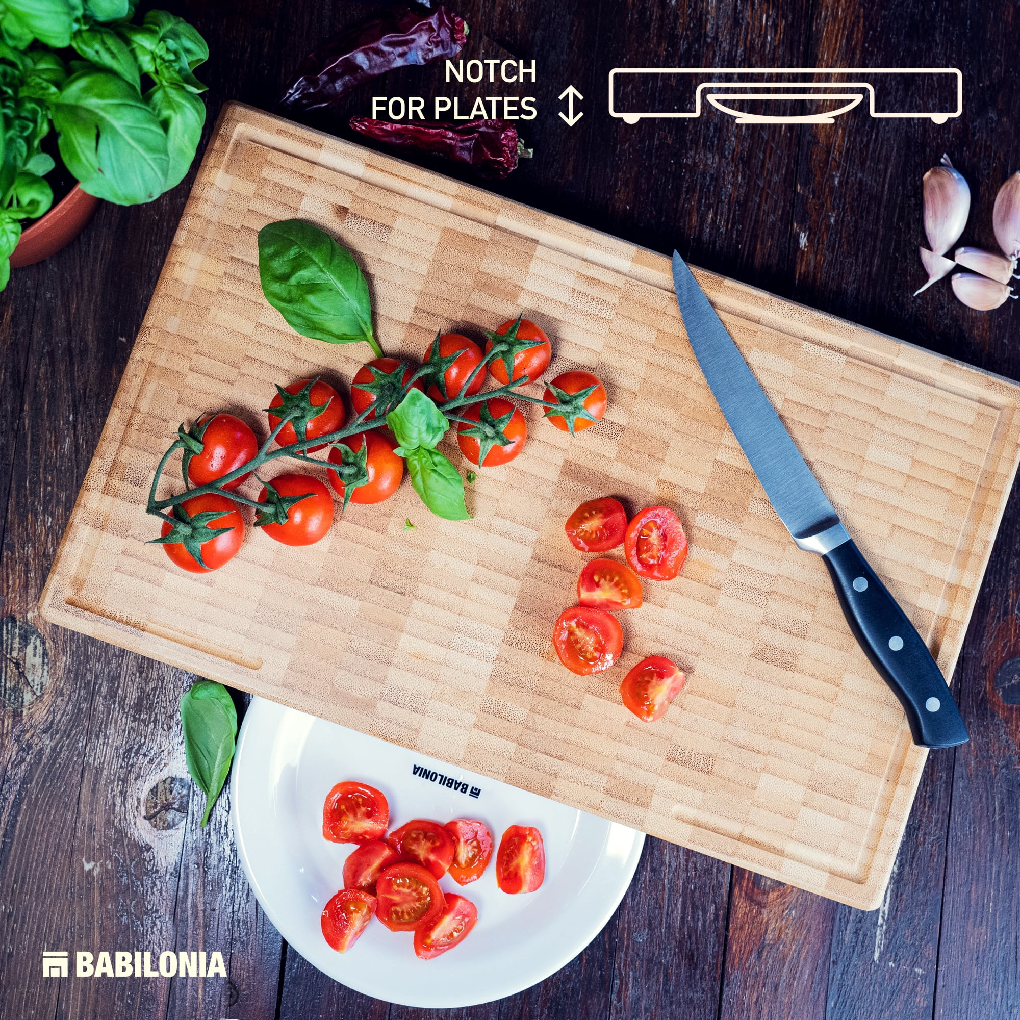 Babilonia Bamboo Cutting Board, 15.7 x 10.2 x 1.7 inch End Grain Wood Chopping Board with Juice Groove and Handle (Oil & Plate Included)