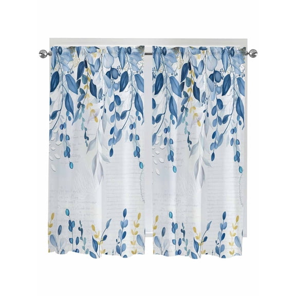 Blue Eucalyptus Leaves Bathroom Window Curtain, Watercolor Botanical Weeping Leaf Light Filtering Coffee Kitchen Curtains, Bedroom Living Room Curtains 2 Panel 84"x63"