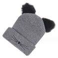 thumbnail image 1 of Gorro de lana de cordero para mujer, cálido gorro de invierno de punto trenzado con dos orejas de pompón y orejas de gato, 1 of 5