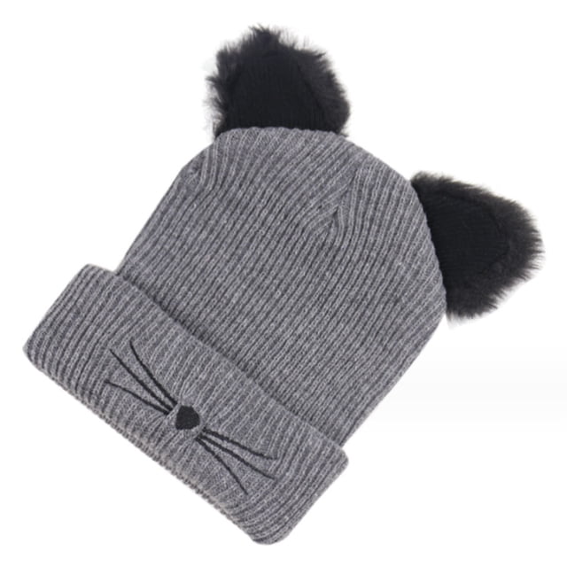 Gorro de lana de cordero para mujer, cálido gorro de invierno de punto trenzado con dos orejas de pompón y orejas de gato