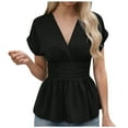 thumbnail image 2 of Pincandy Fashion Summer Women's Solid Color V-Neck Short Sleeve Shirts Top Blouse Women's Batwing Sleeve V Neck Fold Pleated Ruffle Hem Blouse Peplum Top,Black,S, 2 of 4