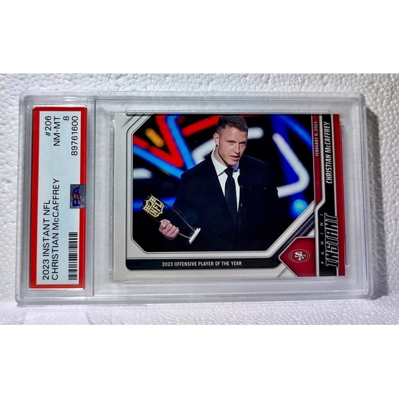Christian McCaffrey 2023 Panini Offensive Player of the Year #206 Card PSA 8