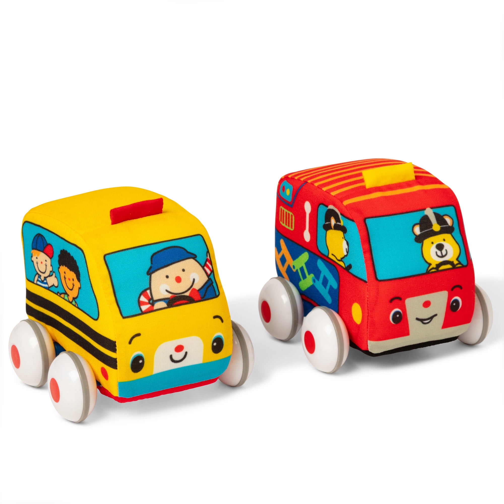 Melissa & Doug K's Kids 2 Pull-Back Vehicles Set - Soft Baby Toy Bus, Fire Engine for Girls, Boys