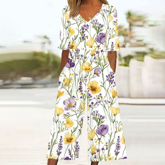 Xdegoge Elegant Jumpsuits for Women V Neck Short Sleeves Romper Fashion Floral Print Boho Jumpsuit Lightweight Beach Casual Wide Leg Pants with Pockets