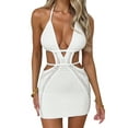 thumbnail image 2 of Women's Halter Bodycon Mini Dress, Sleeveless Tie Backless Hollow Out Knit Beach Dress, 2 of 9