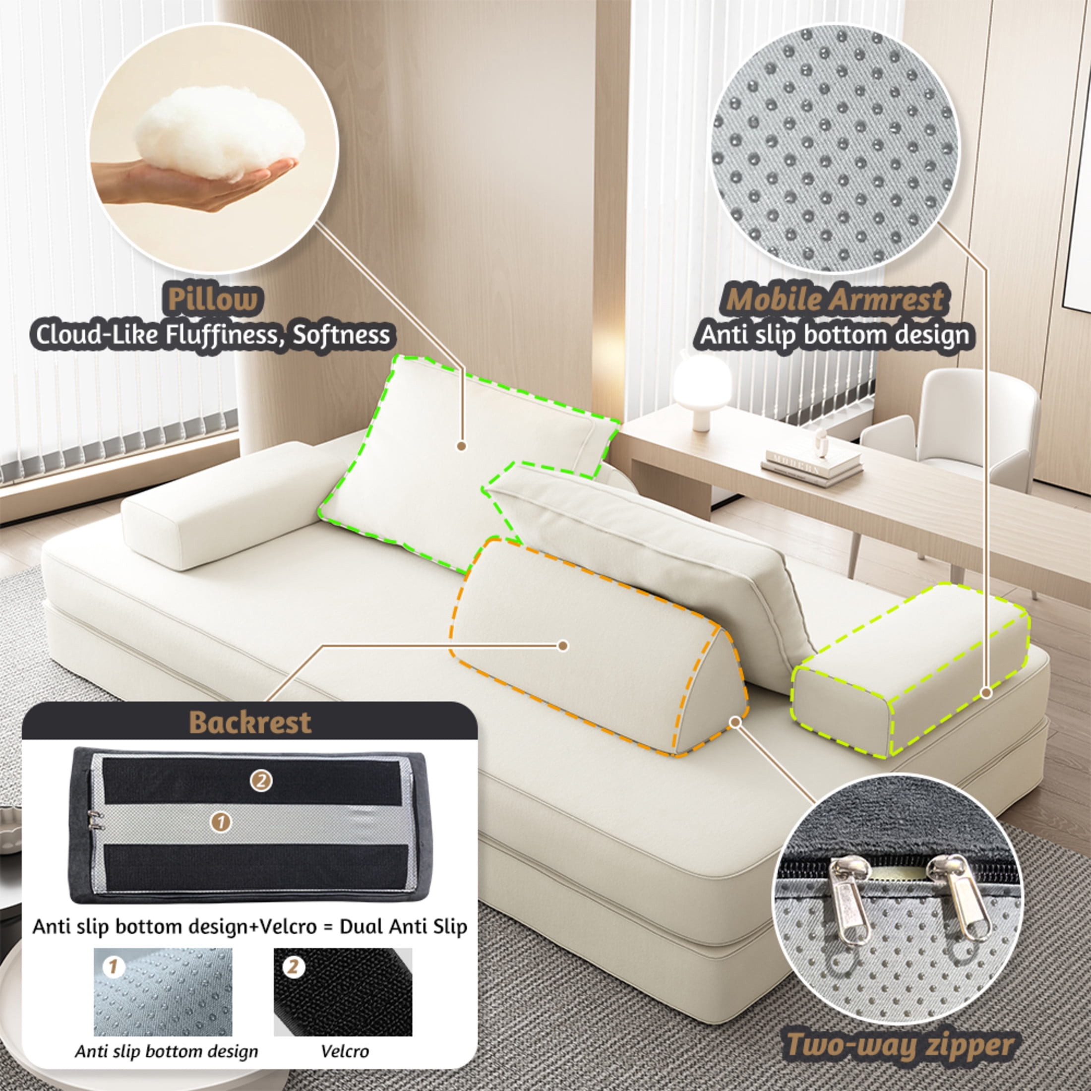 Noble House 87" Multifunctional Convertible Sofa Bed with Pillows, Fluffy Chenille Modular Floor Chaise Lounge, Beige