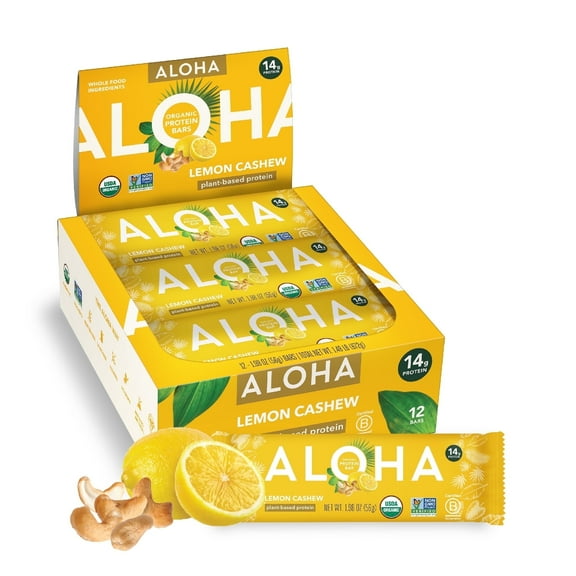 ALOHA Plant Based Protein Bars, Lemon Cashew, 14g Protein (Pack of 12)