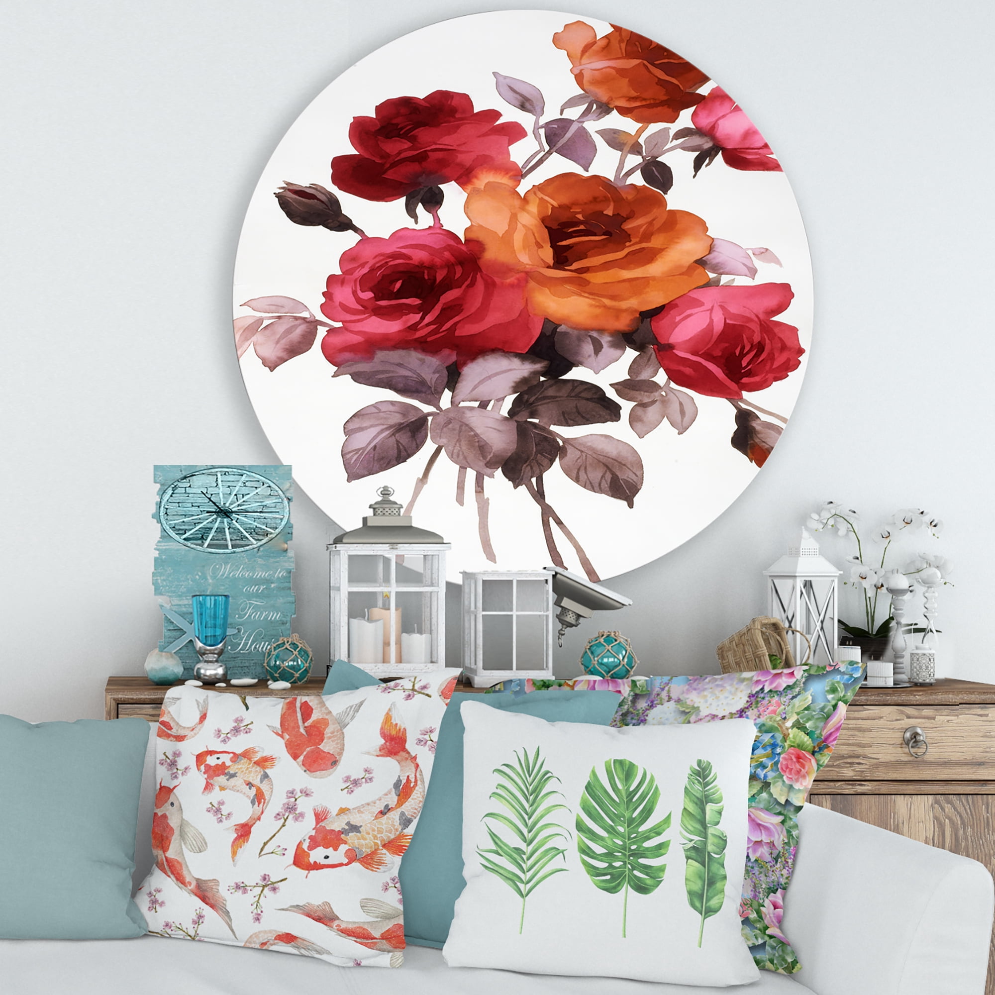Designart 'Vintage Red and Orange Roses' Traditional Circle Metal Wall Art 36x36 - Disc of 36