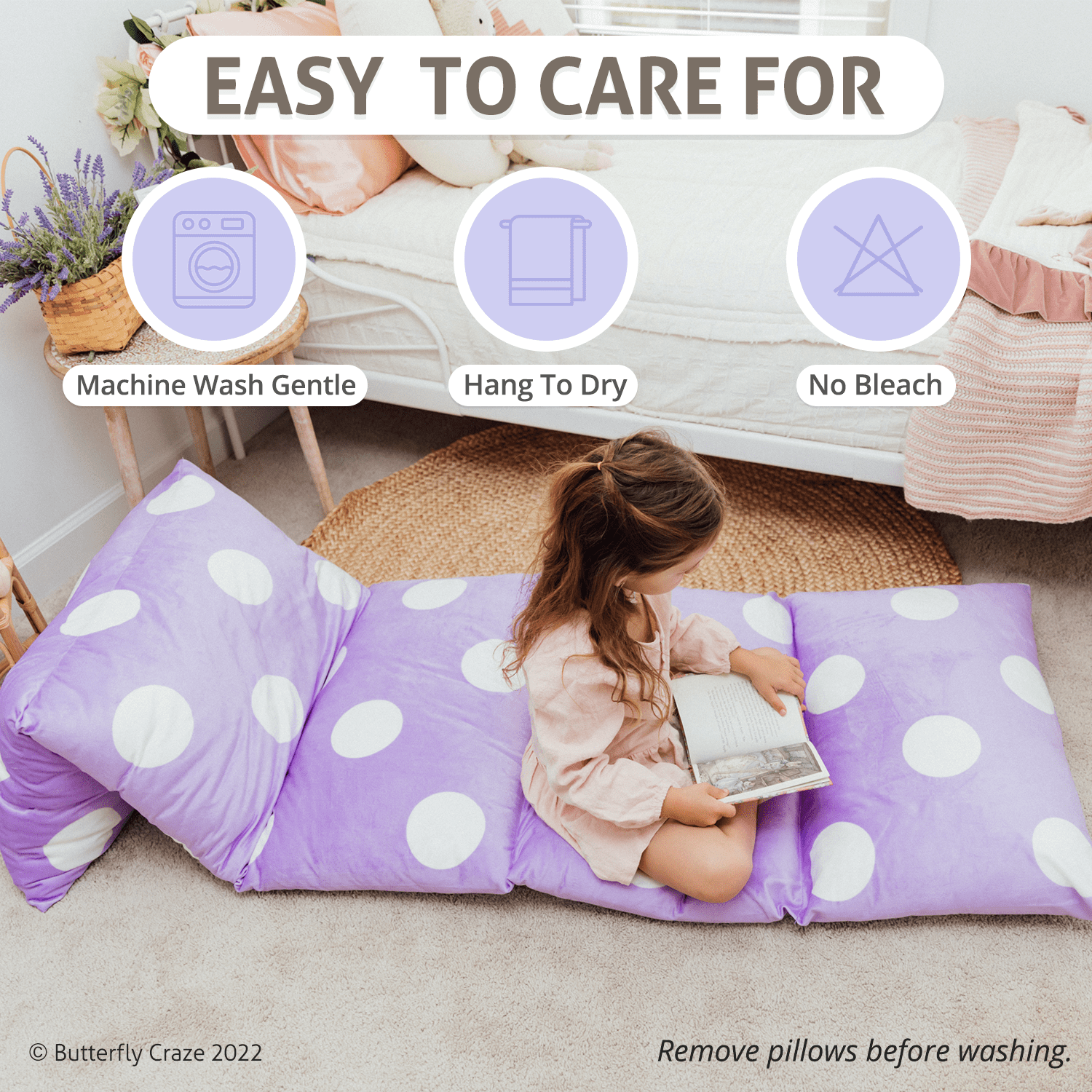 Butterfly Craze Floor Pillow Bed Lounger Cover, Cozy & Stylish Seating Solution for Kids & Adults, Recliner Floor Cushion for Ultimate Comfort, Holds 5 Pillows, Cover Only, Purple Polka Dot, King