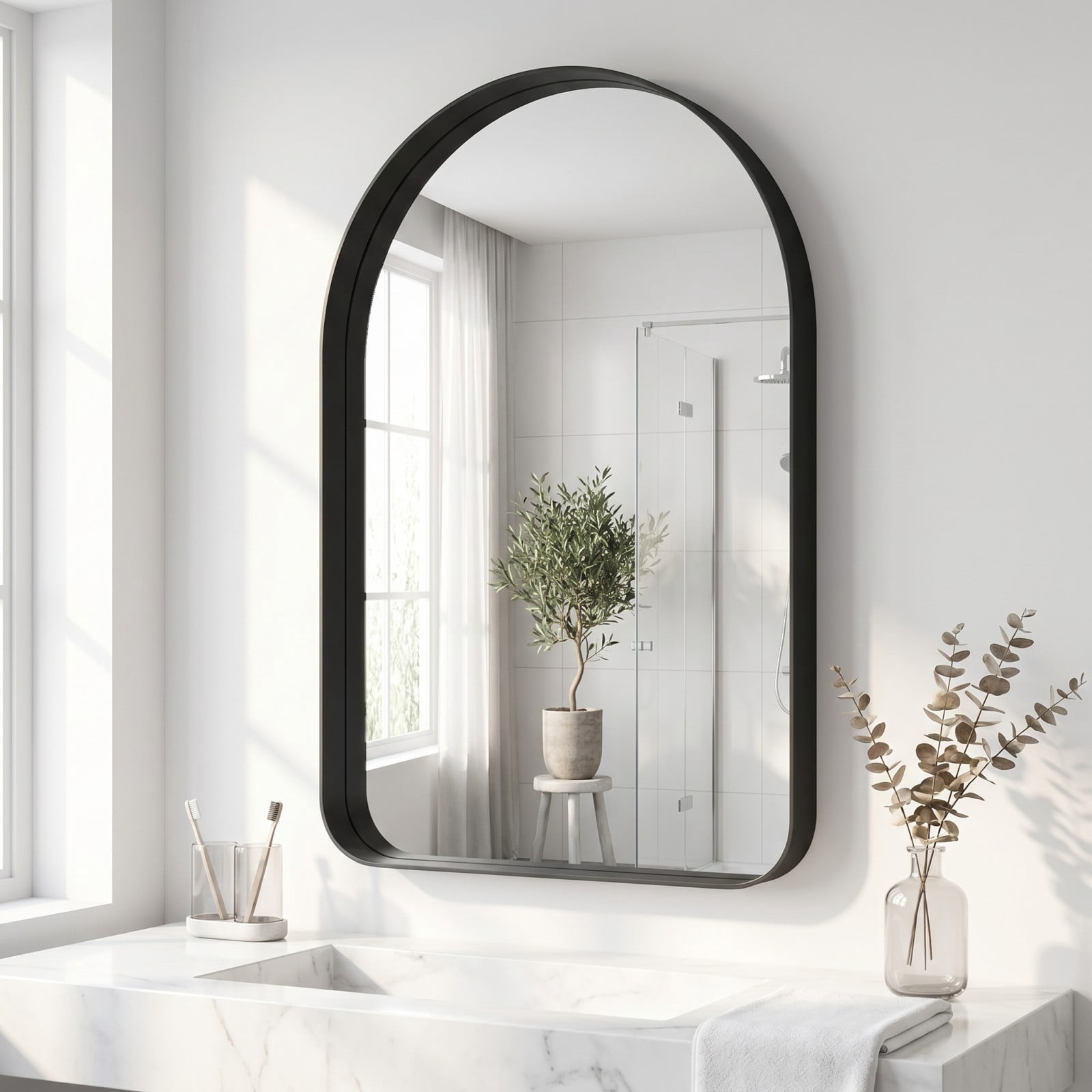 GRAHMCY 20"x30" Arched Bathroom Mirror Rounded Corner Vanity Wall Mirror with Deep Frame, Black