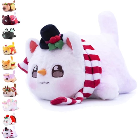 Peluche Aphmaus Meemeowes Chat, Miaou de Style Nourriture en Peluche, Beigne/loup-Garou/renne/chat en Peluche, Poupée Jouet Miaou, Jouet en Peluche Rembourré d'Animation de Dessin Animé, Convient aux Enfants et aux Fans (Couleur : Chat Bonhomme de Neige)