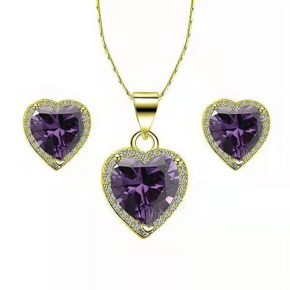 18K Yellow Gold 1 Carat Heart Amethyst Plated Necklace Set by Paris Jewelry