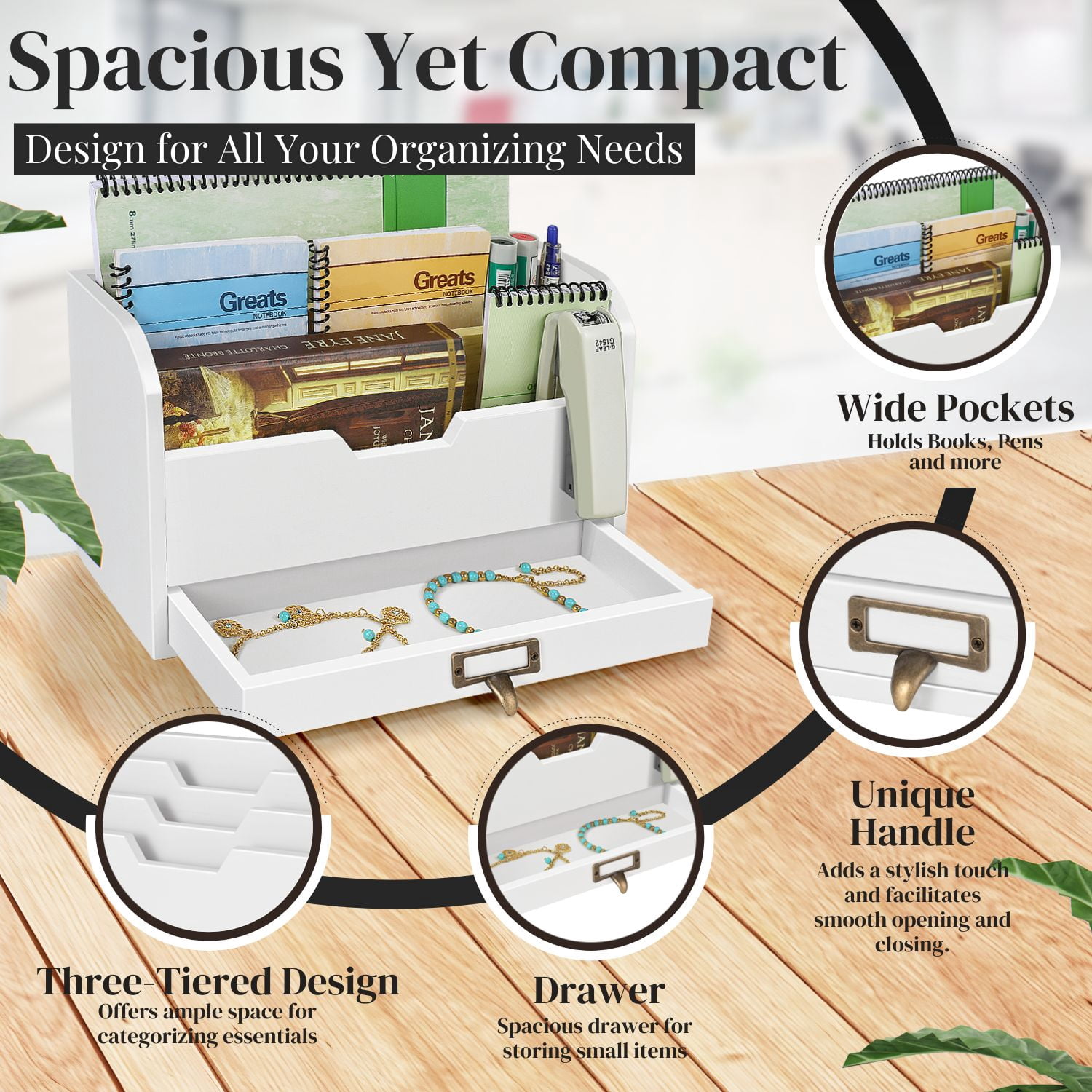 Wood Desk Organizer - Wooden Mail Organizer with Drawer for Mail, Bills, Accessories & Pen - 3 Tier Wood Bill Organizer for Desk, Tabletop, Countertop, and Office Workspace (Beige Wood)