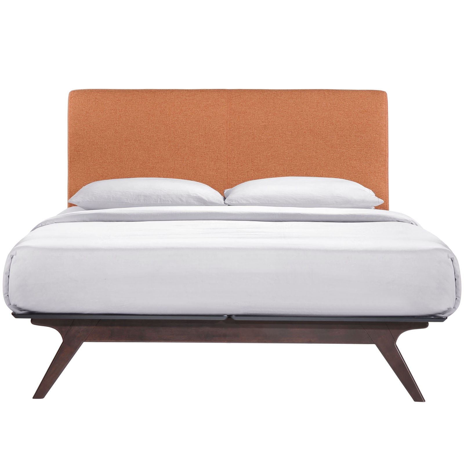 Modern Contemporary Queen Size Wood Bed Frame Orange Fabric