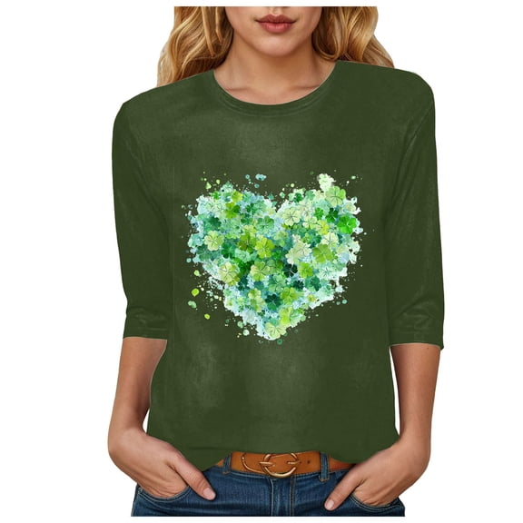 felwors Womens 3/4 Sleeve Crew Neck Valentine T Shirts Love Heart Printed Graphic Tee Tops (Dark Green, XXL)