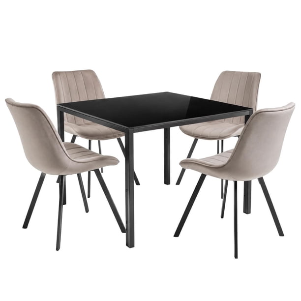 Comedor con Mesa en Vidrio Negro Moderna + 4 Sillas Velvet beige