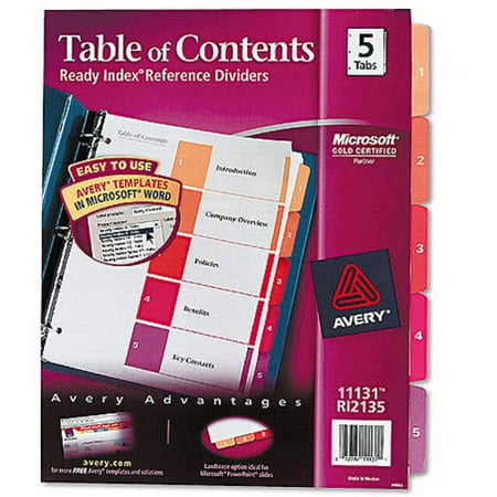 - (4 Pack) Avery Customizable Table of Contents Dividers, Ready Index Printable Section Titles, Preprinted 1-5 Multicolor Tabs, 1 Set (11131)