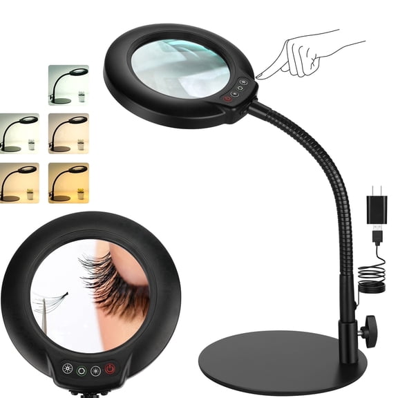 Veemagni Magnifying Glass with Light and stand, 5 Color Modes Stepless Dimmable Flexible Gooseneck LED Hands-Free Desk Lamp, Lighted Magnifier for Crafts, Sewing, Reading, Painting, Hobby