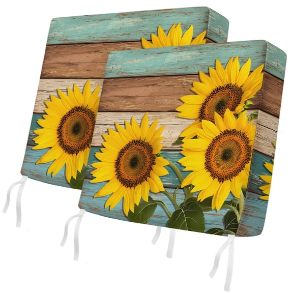 Outdoor Patio Cushion Covers 2 Pack Sunflower Chair Cushion Seat Pads with Ties & Zipper Waterproof Farmhouse Floral Plant Teal Wood Grain Chair Slipcovers for Outdoor Furniture Couch 20x18 Inch