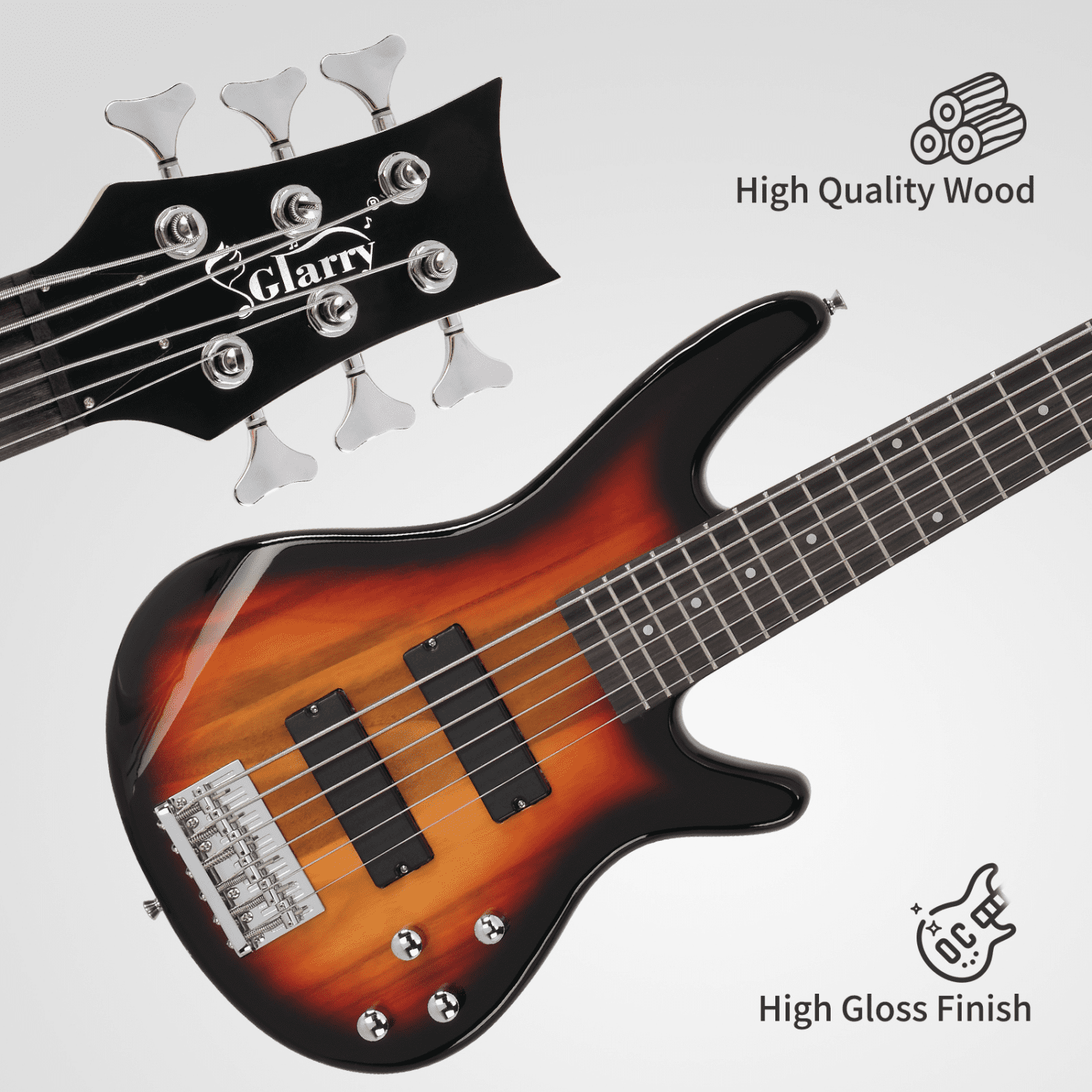 Hassch Electric Bass Guitar, 6 String Beginner Kit with Bag, Strap and Other Accessories, Sunset Color