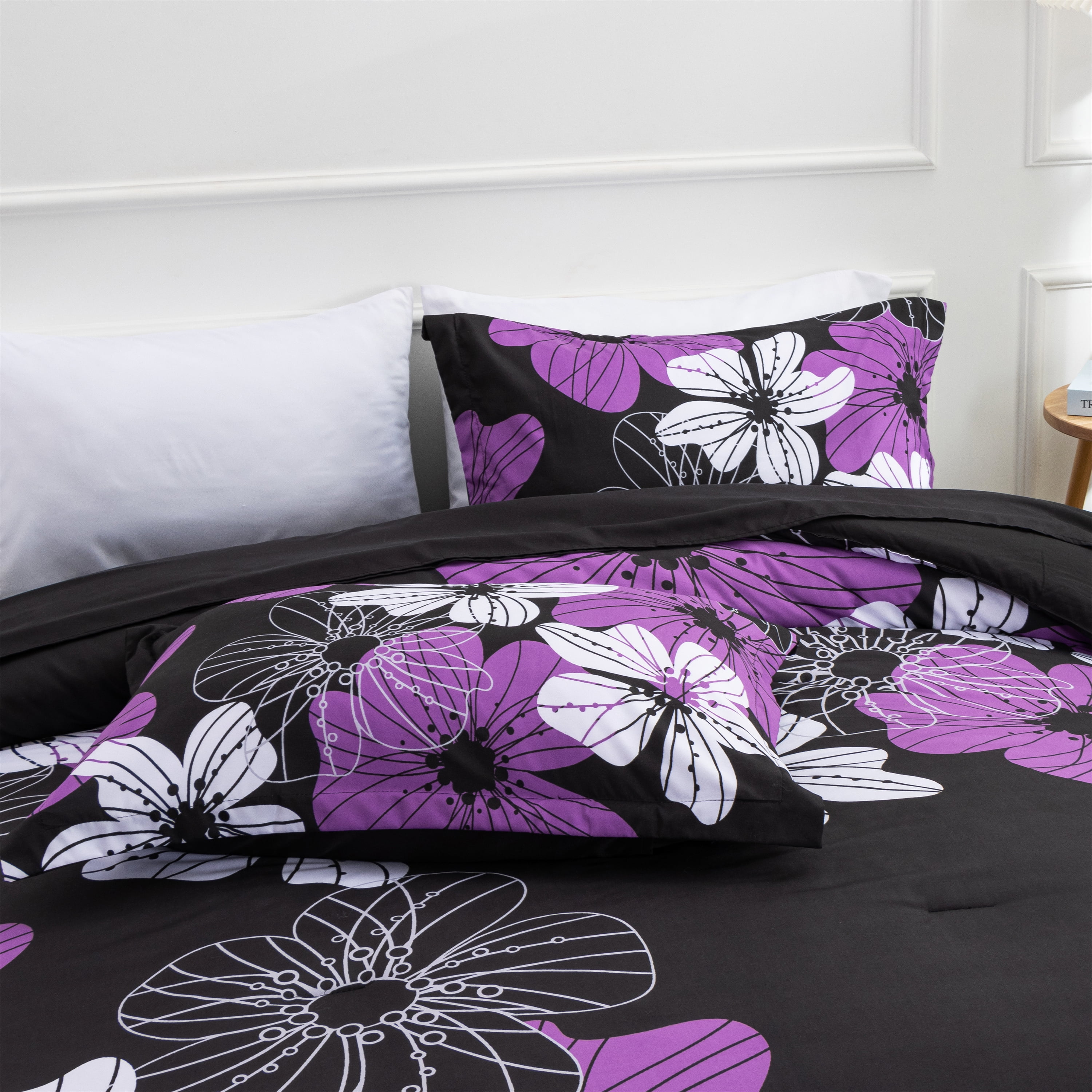 Btargot 6PCS Purple Comforter Sets King Floral Botanical Boho Bed-in-a-Bag Black Bedding Set