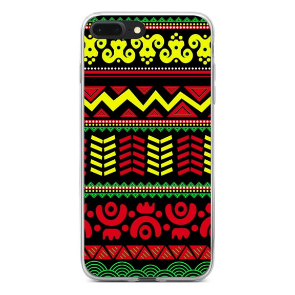 DistinctInk Clear Shockproof Hybrid Case for iPhone 7 PLUS / 8 PLUS (5.5" Screen) - TPU Bumper, Acrylic Back, Tempered Glass Screen Protector - Black Yellow Red Aztec Tribal