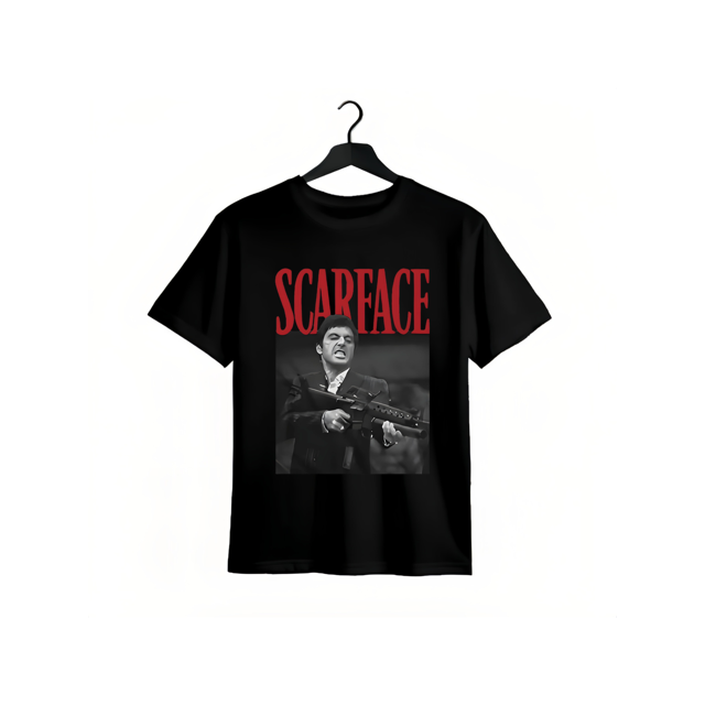 Elegante camiseta informal de verano para hombre con estampado gráfico de Scarface en diseño clásico de cine retro en negro y rojo.