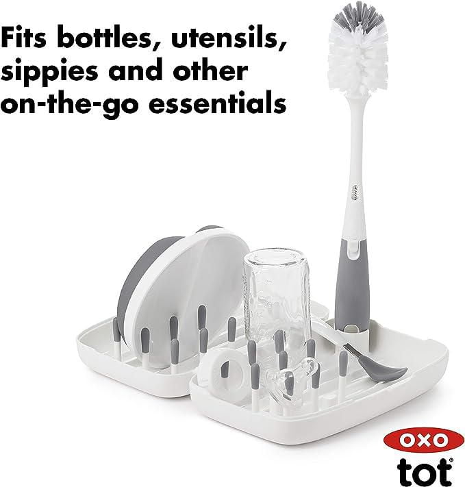 OXO Tot - On-the-Go Drying Rack with Bottle Brush - All-in-One Portable Solution for Cleaning and Drying Baby Bottles, Pump Parts and More - Grey