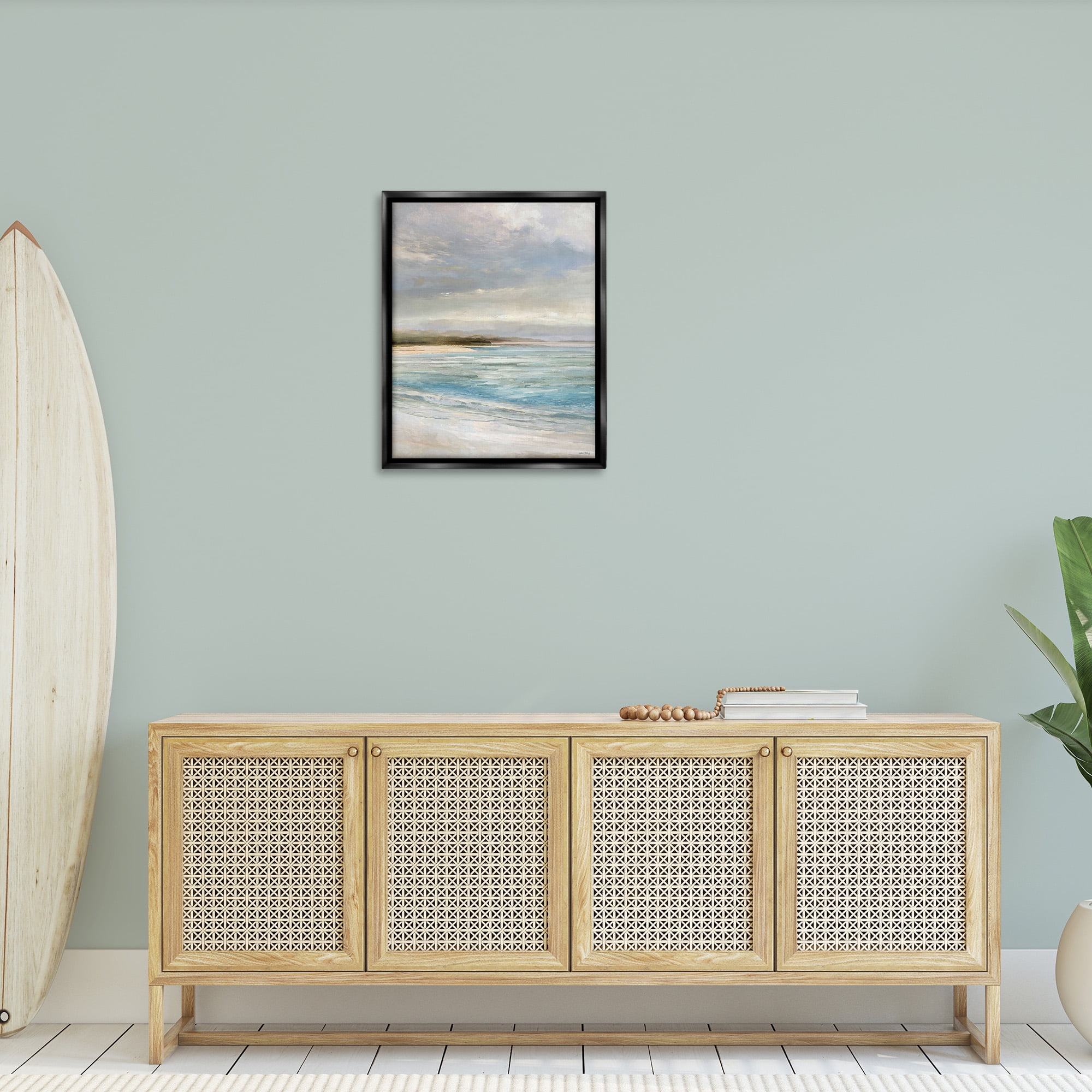 Stupell Industries Overcast Beach Scenery Landscape Painting Black Floater Framed Canvas Art Print Wall Art, 25 x 31