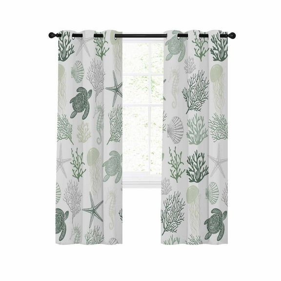 Sage Green Coastal Blackout Curtains 45 Inches Long for Bedroom,Nautical Summer Beach Coral Sea Turtle Thermal Insulated Room Darkening Black Out Window Curtain Panels Grommet Drapes for Living Room