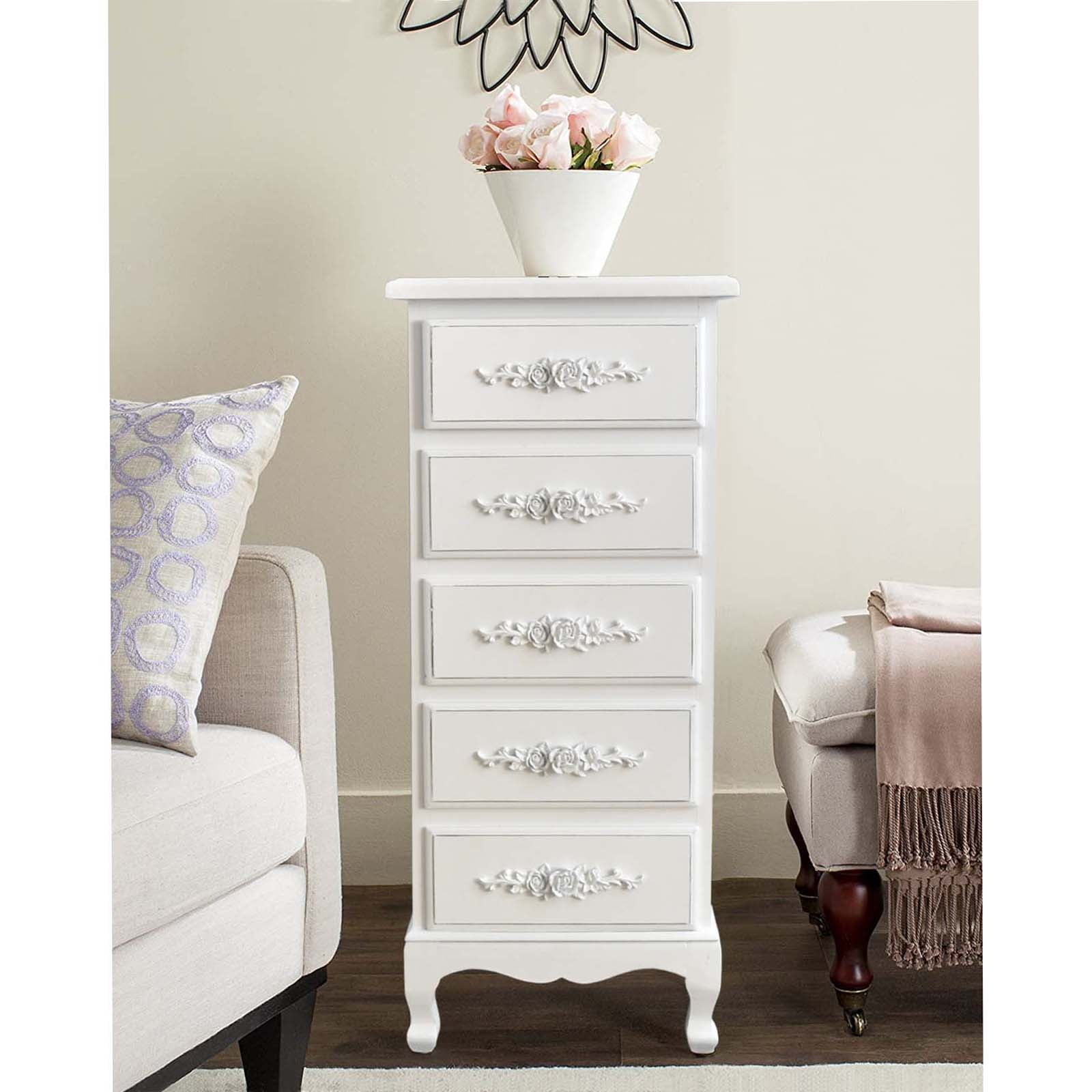 White Lingerie Dresser with 5 Drawers, Tall Skinny Storage