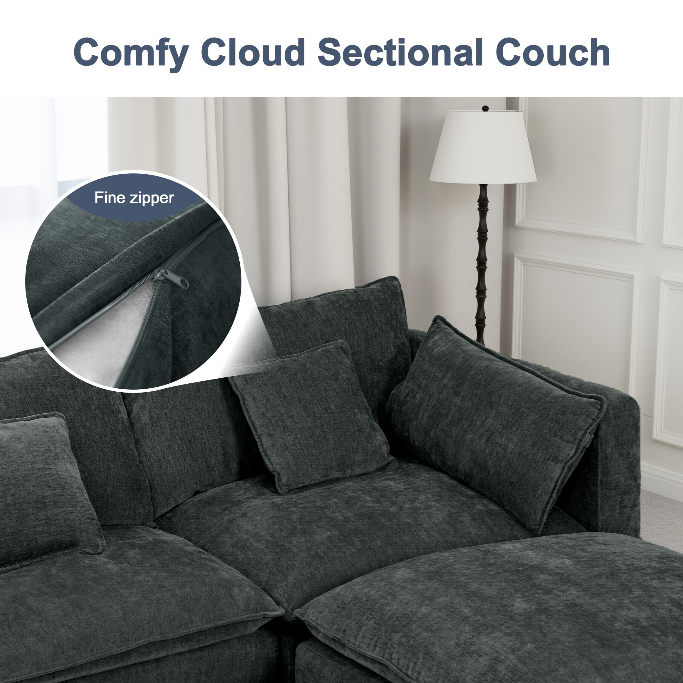 144" Cloud Couch, Black-Gray Modular Sectional Sofa, Chenille 6 Seat U Shaped Couch with Storage Box, Cup Holders and Movable Ottoman