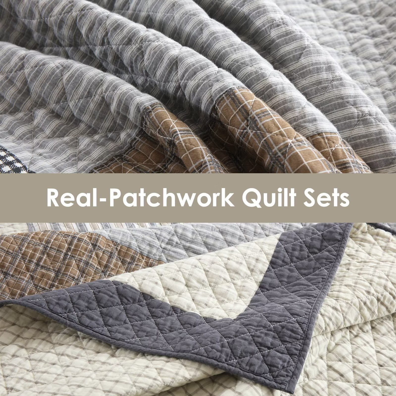 Bedduvit Farmhouse Queen Size Quilt Set - 100% Cotton Beige Brown Gray Real-Patchwork Plaid Queen Quilts Bedspread, Lightweight Reversible Coverlet/Bedding Set for All Season, 3-Piece (98"x90")