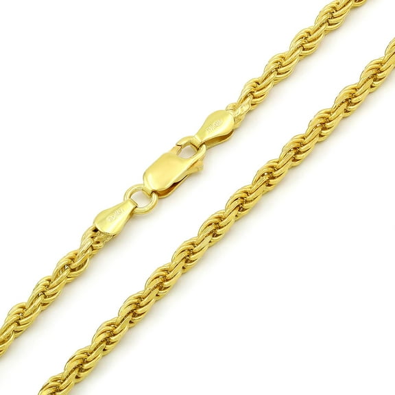 925 Italian Sterling Silver 3.5mm Solid Rope Diamond Cut Chain, FREE Microfiber Cloth, Yellow Gold Plated Link Mens Womens Necklace, Giorgio Bergamo