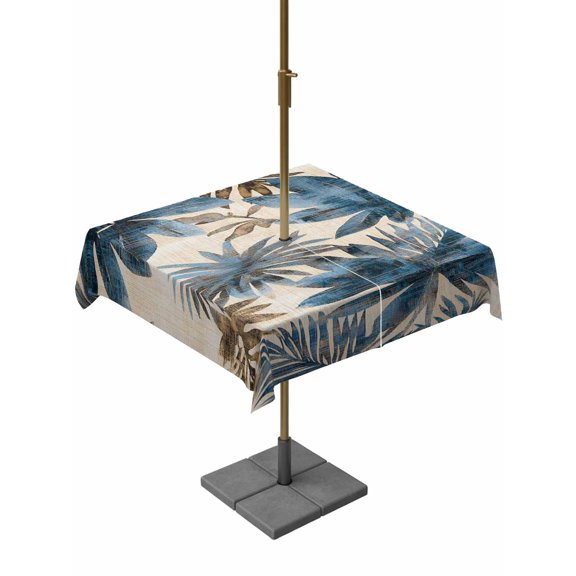 Outdoor Table Cloth with Umbrella Hole and Zipper, Blue Brown Palm Leaf Waterproof Square Tablecloth 54"x54", Rustic Summer Botanical Elegant Washable Table Cover for Outside Party Patio Picnic