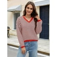 thumbnail image 3 of Women'S Long Sleeve Striped Sweater V Neck Color Block Soft Knit Pullover Trendy Jumper Tops Brown & White M, 3 of 6